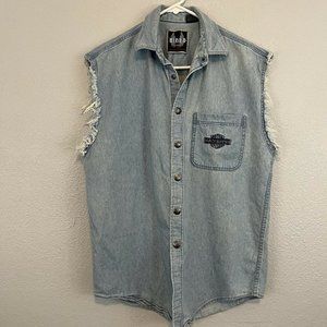 Harley Davison Biker Blues Cut Off Sleeveless Button Down Collared denim Shirt M